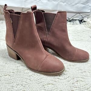 TOMS Leather Chelsea Ankle Boots Dusty Rose Mauve Stacked Heel Size 8